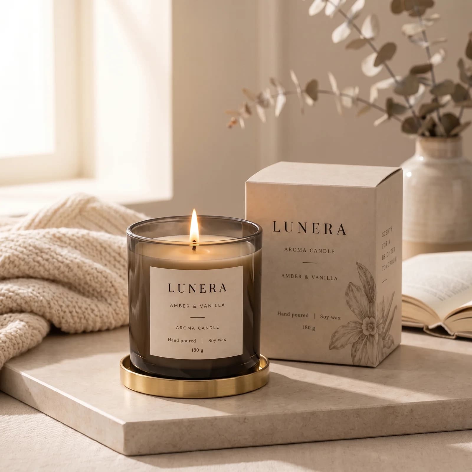 Свеча LUNERA Amber & Vanilla в тёплой интерьерной композиции